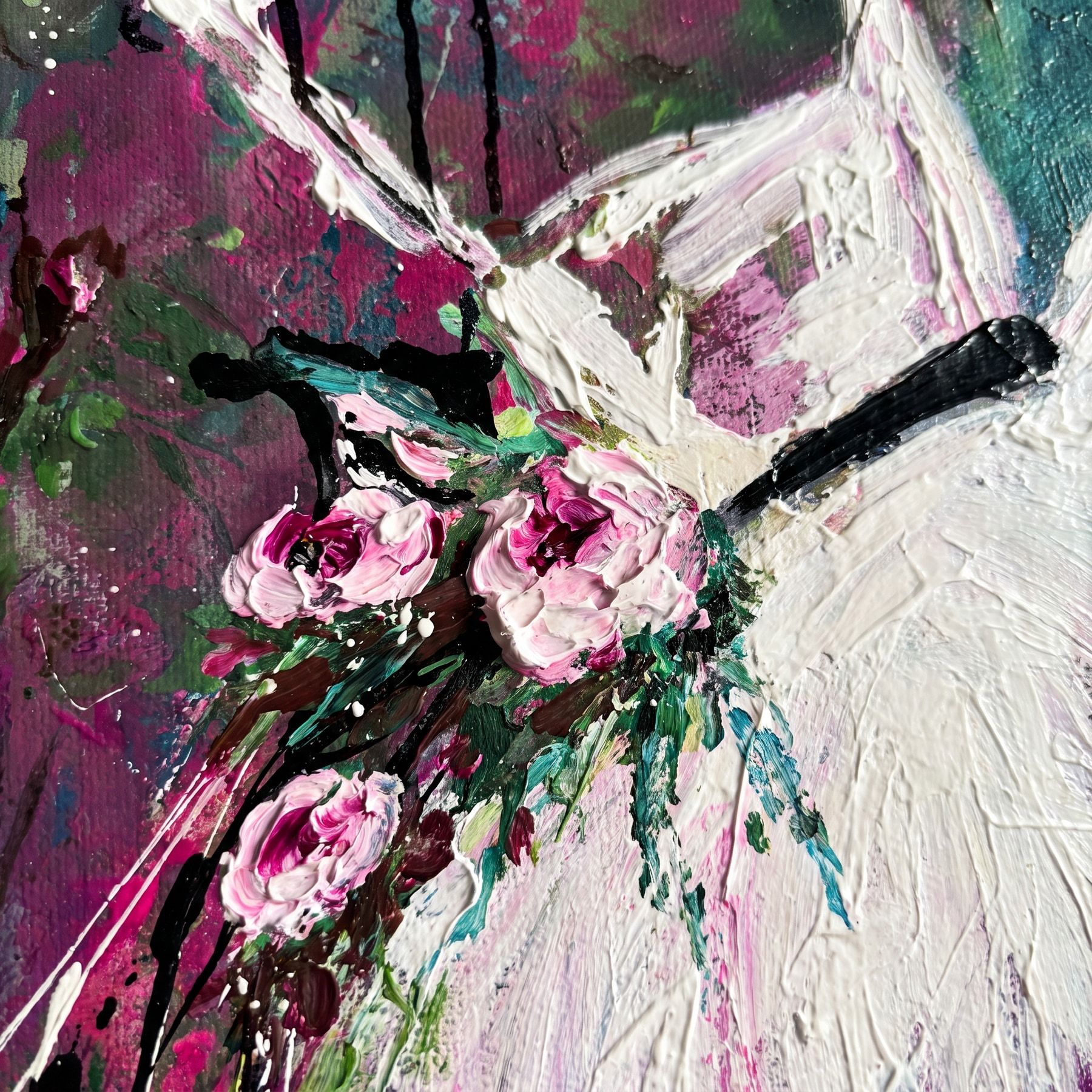 Roses on a Hanger — close-up of the impasto surface