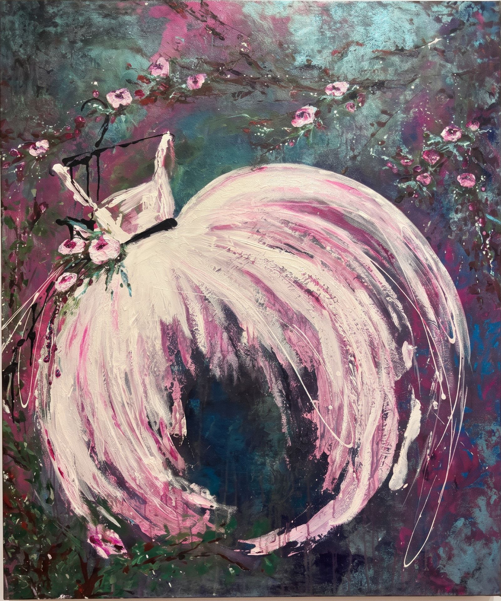 Large impasto painting of a white tutu on a hanger, its skirt sweeping in thick strokes of white and pink against a magenta and deep teal ground scattered with roses, 100 by 120 cm
