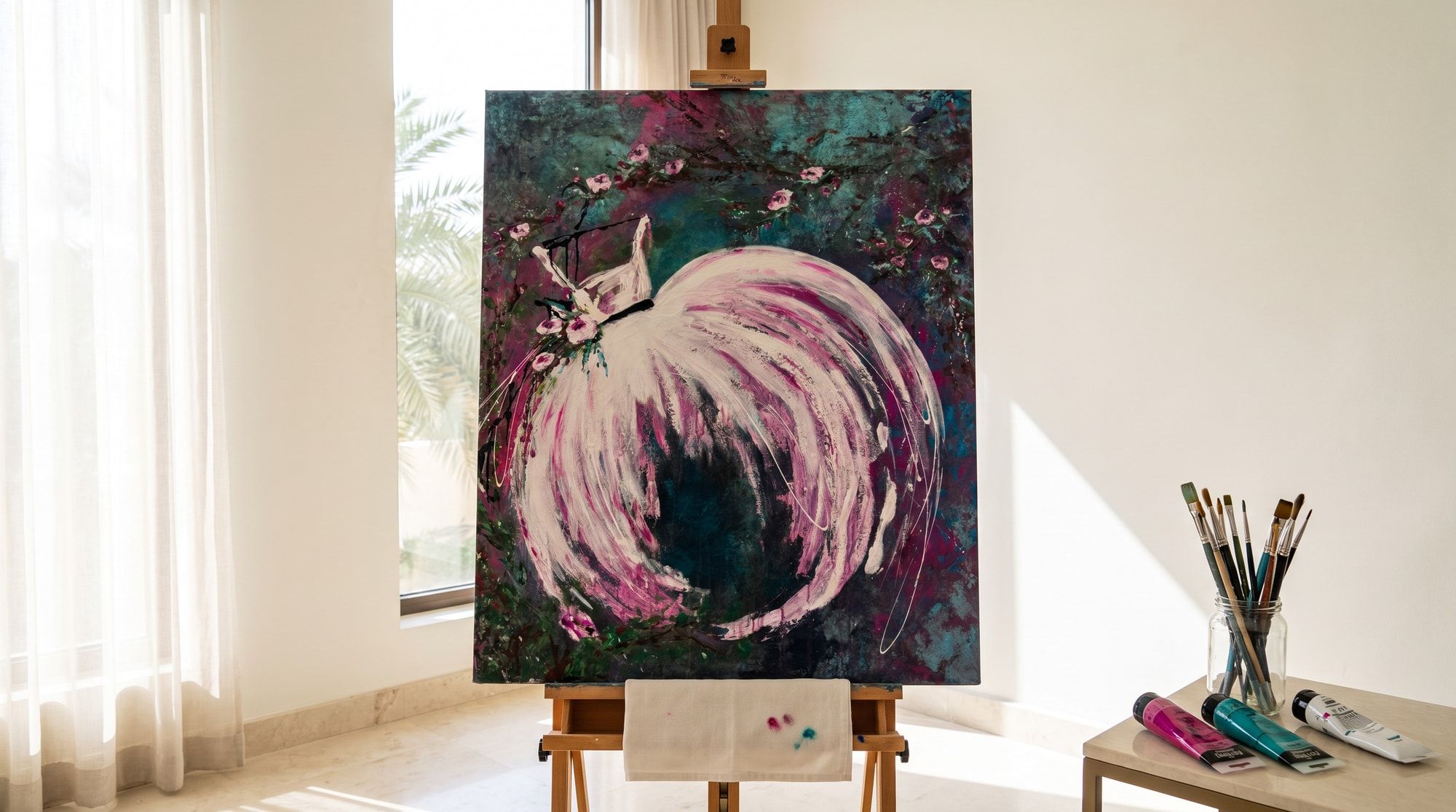 A painting by Nadia Swidan shown on an easel in a studio setting